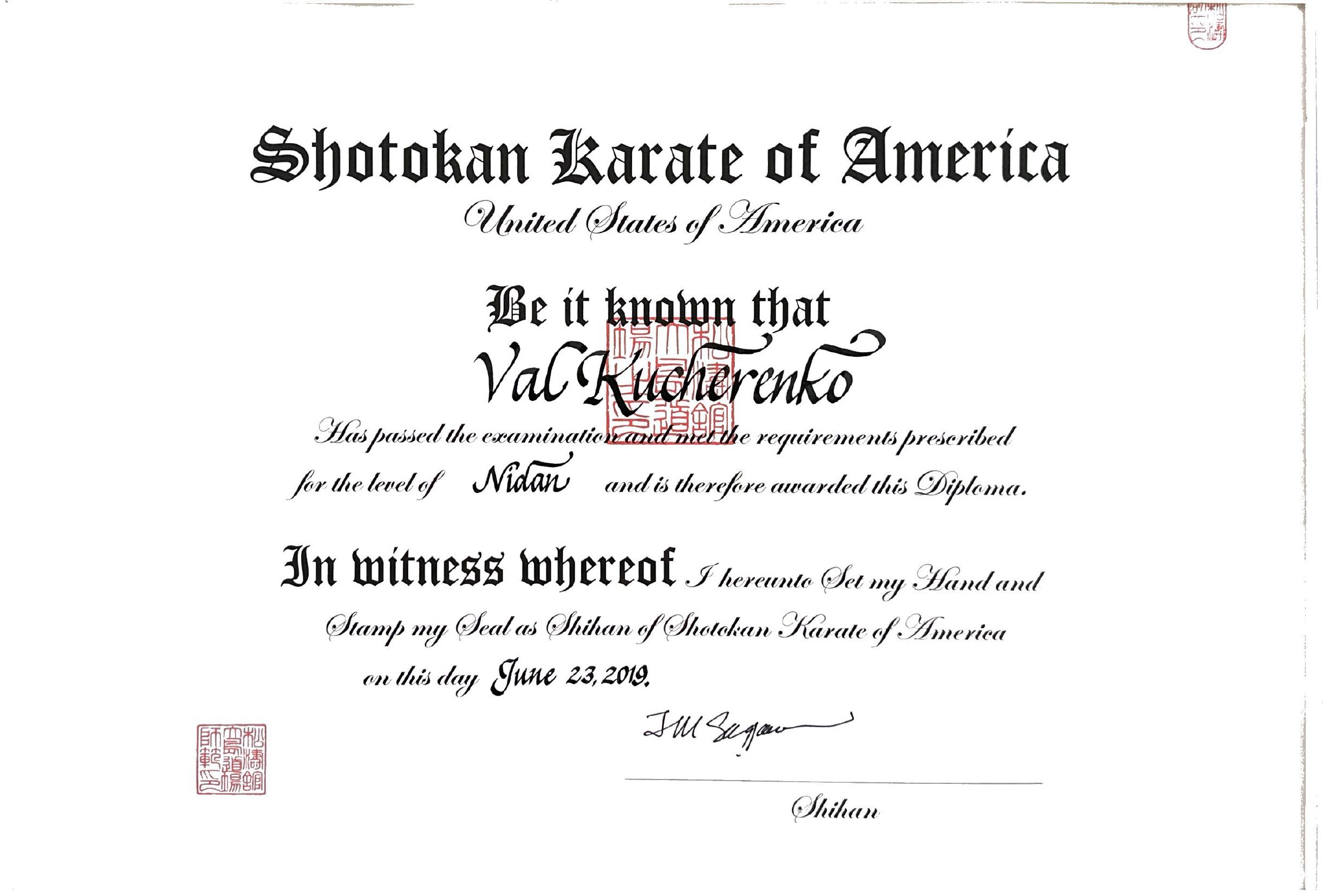Shotokan Karate of America Nidan (2nd degree black belt) certificate awarded to Val Kucherenko