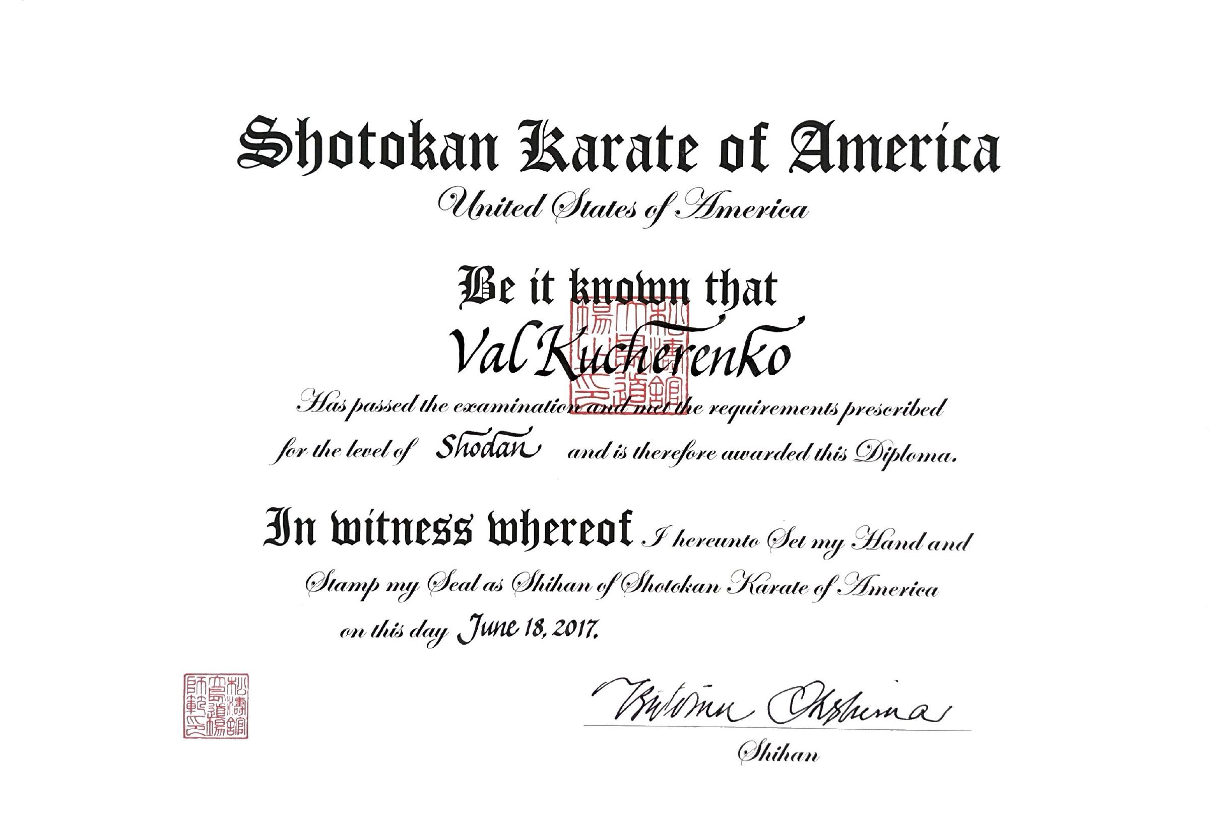 Shotokan Karate of America Shodan (1st degree black belt) certificate awarded to Val Kucherenko