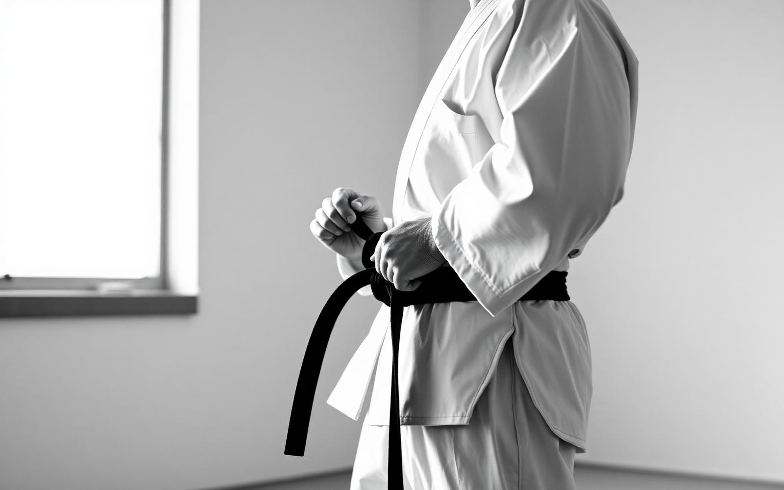 Traditional Shotokan karate practitioner adjusting a black belt